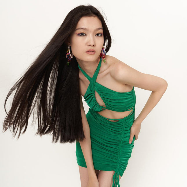 Viola Green Gathered Mini Bodycon Dress-0