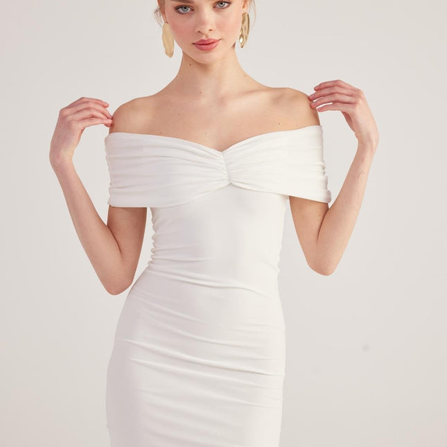 Muse White Bardot Neck Mini Dress-4