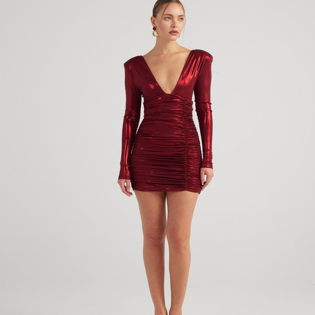 Karly Burgundy Shiny Mini Dress-4