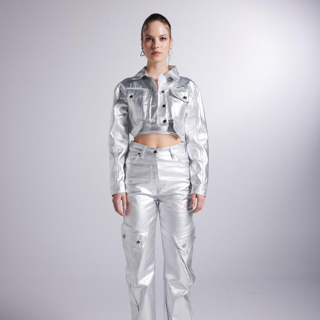 Metallic Grey Glossy Millen Cropped Jacket-3