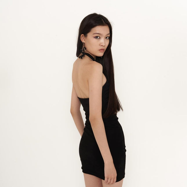 Viola Black Gathered Mini Bodycon Dress-1
