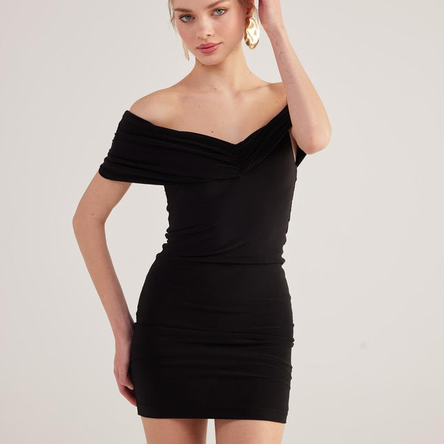Muse Black Bardot Neck Mini Dress-0