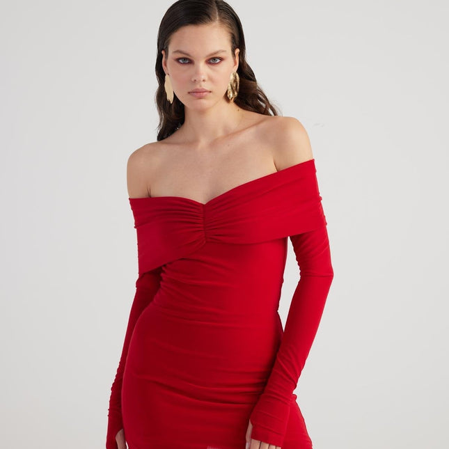 Dreamer Red Bardot Neck Mini Dress-0