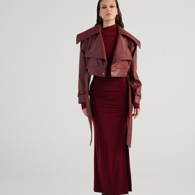 Neeko Burgundy Faux Leather Cropped Jacket-3
