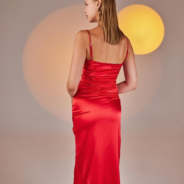Dipsy Red Satin Strappy Slit Midi Dress-1