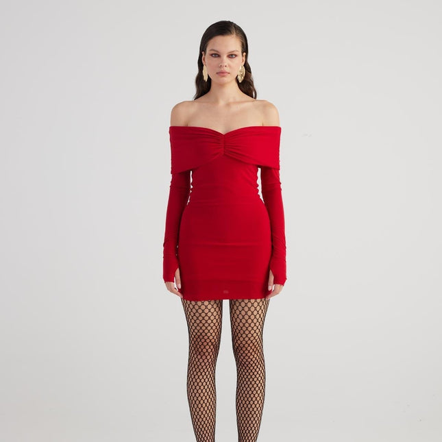 Dreamer Red Bardot Neck Mini Dress-3