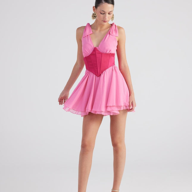 Fiona Pink Ruched Mini Dress with Pleated Skirt-2