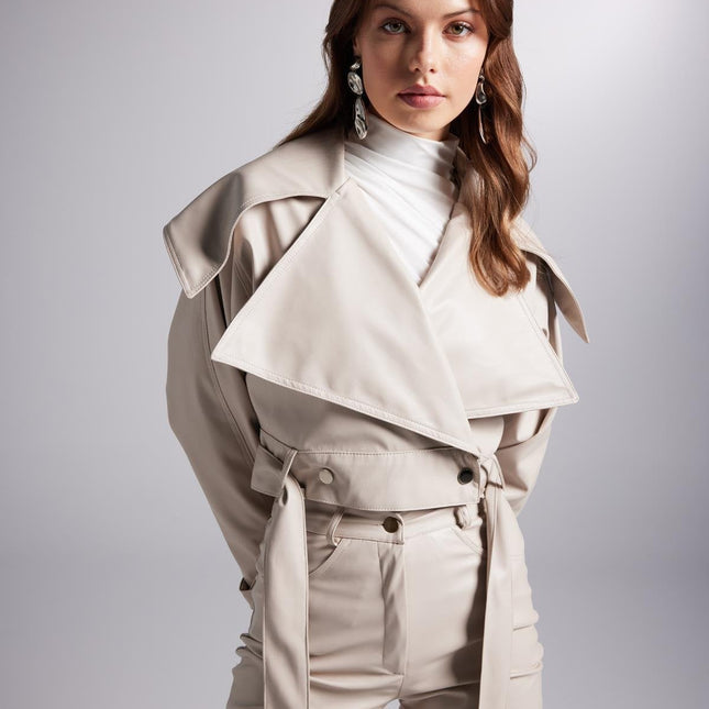 Neeko Beige Faux Leather Cropped Jacket-1