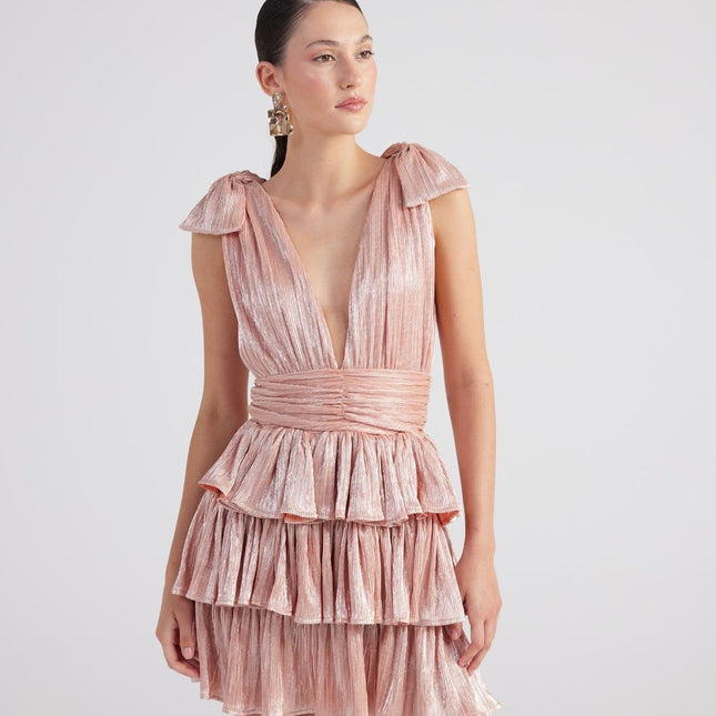 Glare Salmon Shiny Pleated Mini Ruffle Dress-0