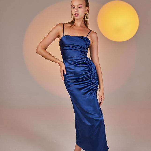 Dipsy Blue Satin Strappy Slit Midi Dress-4
