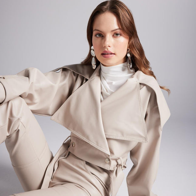 Neeko Beige Faux Leather Cropped Jacket-2