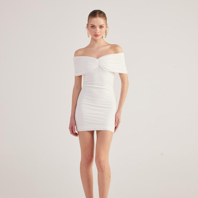 Muse White Bardot Neck Mini Dress-3