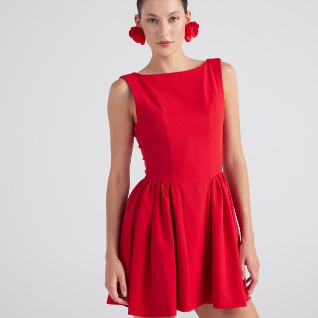 Alena Red Pleated Skirt Mini Dress-0