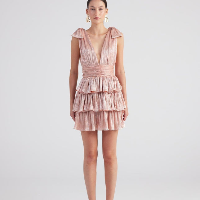 Glare Salmon Shiny Pleated Mini Ruffle Dress-2