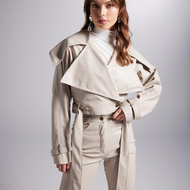 Neeko Beige Faux Leather Cropped Jacket-0