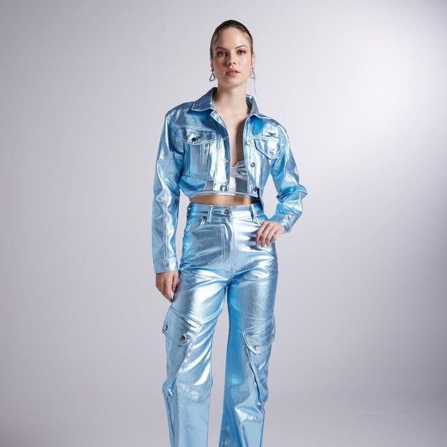 Metallic Blue Glossy Millen Cropped Jacket-4