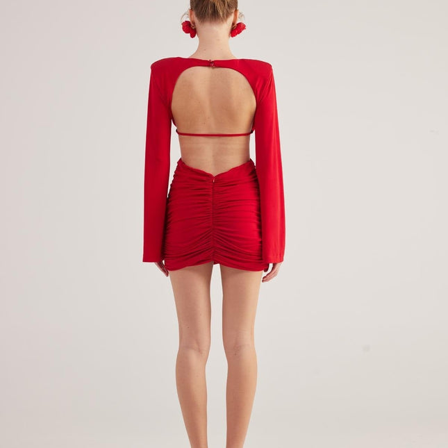 Hanna Red Backless Long Sleeve Mini Dress with Removable Rose Accessory-2
