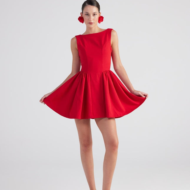 Alena Red Pleated Skirt Mini Dress-4