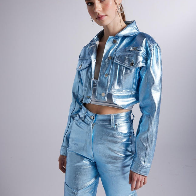 Metallic Blue Glossy Millen Cropped Jacket-2