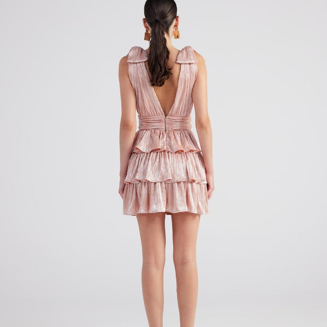 Glare Salmon Shiny Pleated Mini Ruffle Dress-1