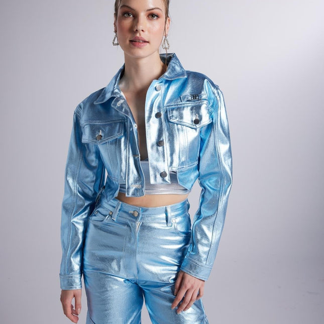 Metallic Blue Glossy Millen Cropped Jacket-1