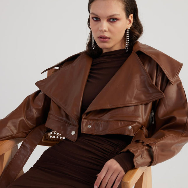 Neeko Chocolate Faux Leather Cropped Jacket-2
