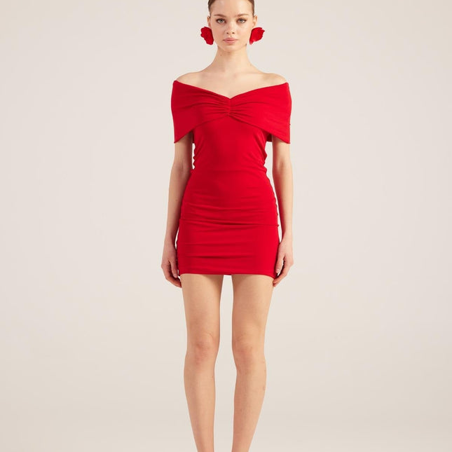 Muse Red Bardot Neck Mini Dress-1