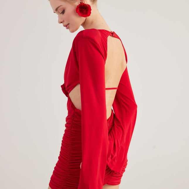 Hanna Red Backless Long Sleeve Mini Dress with Removable Rose Accessory-1