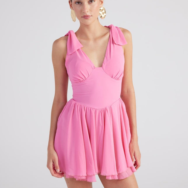 Fiona Pink Ruched Mini Dress with Pleated Skirt-0