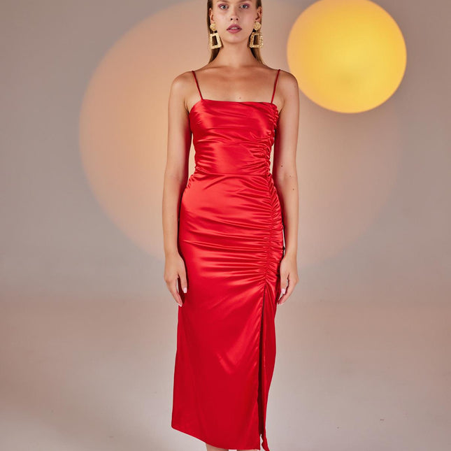 Dipsy Red Satin Strappy Slit Midi Dress-3