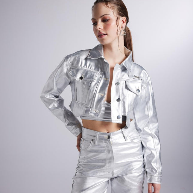Metallic Grey Glossy Millen Cropped Jacket-1