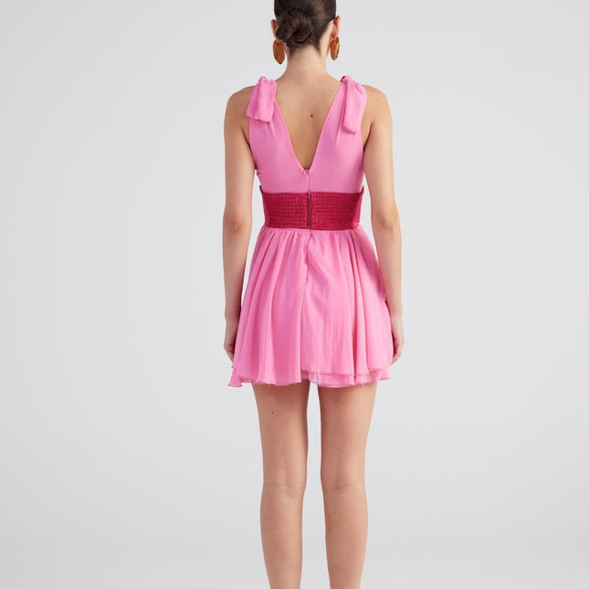 Fiona Pink Ruched Mini Dress with Pleated Skirt-1