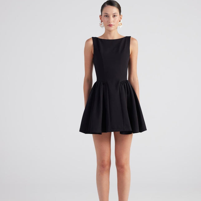 Alena Black Pleated Skirt Mini Dress-2