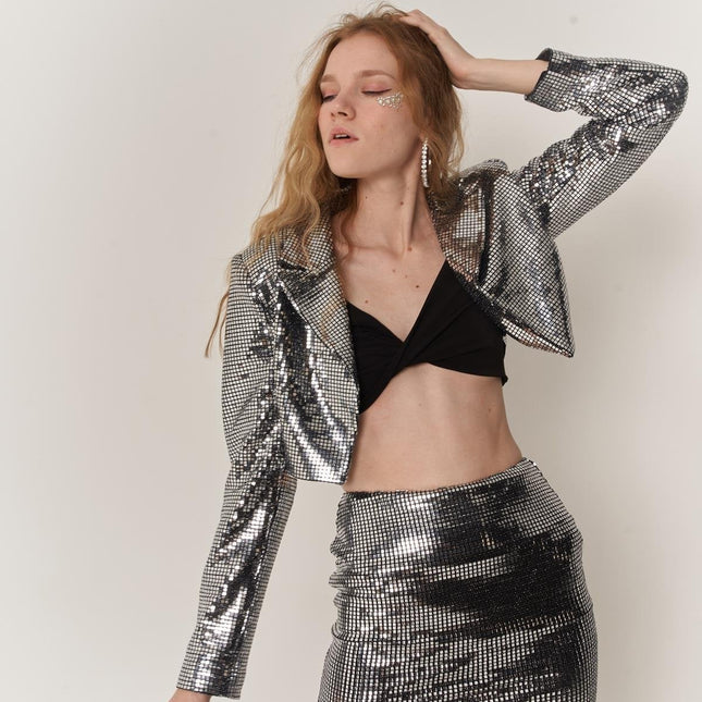 Glammy Silver Sequin Cropped Jacket-0