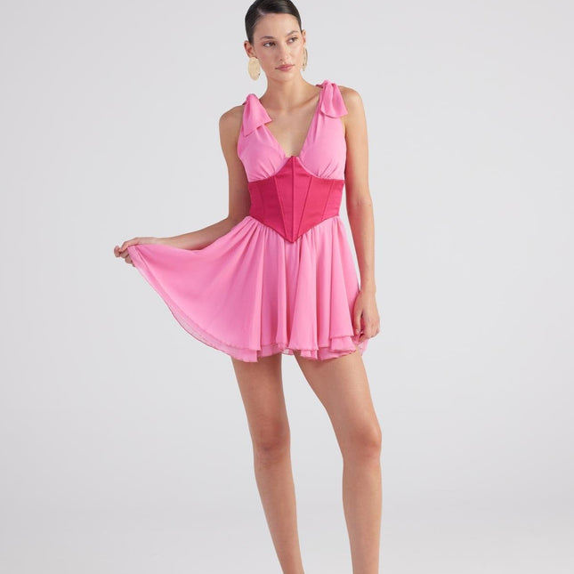 Fiona Pink Ruched Mini Dress with Pleated Skirt-4