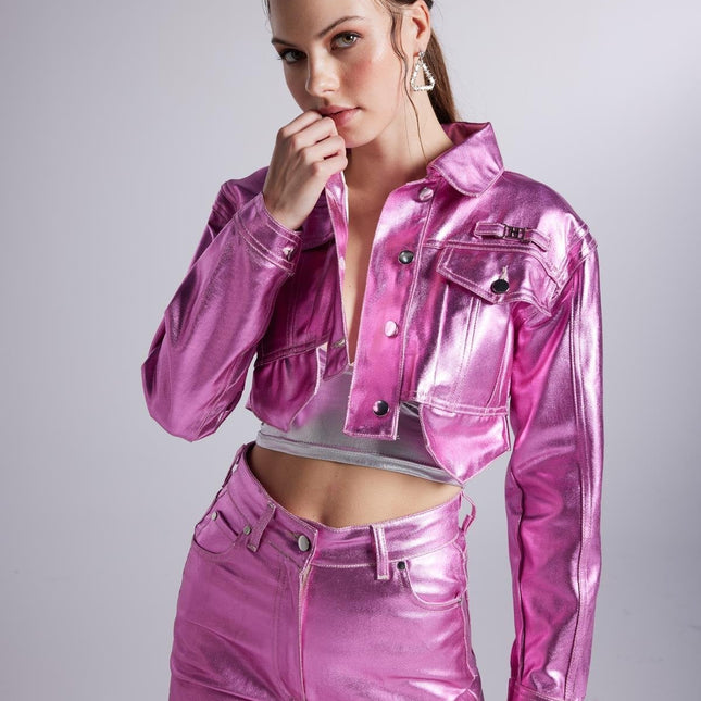 Metallic Pink Glossy Millen Cropped Jacket-0