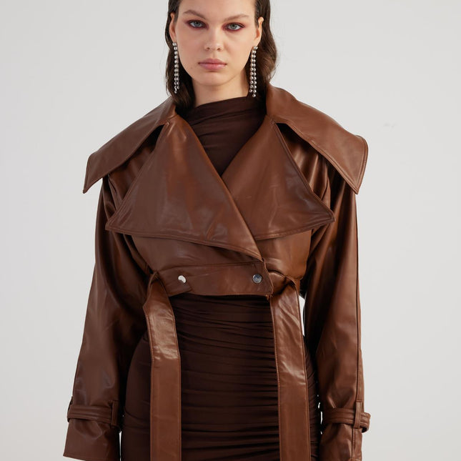 Neeko Chocolate Faux Leather Cropped Jacket-0
