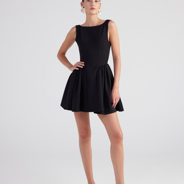 Alena Black Pleated Skirt Mini Dress-4