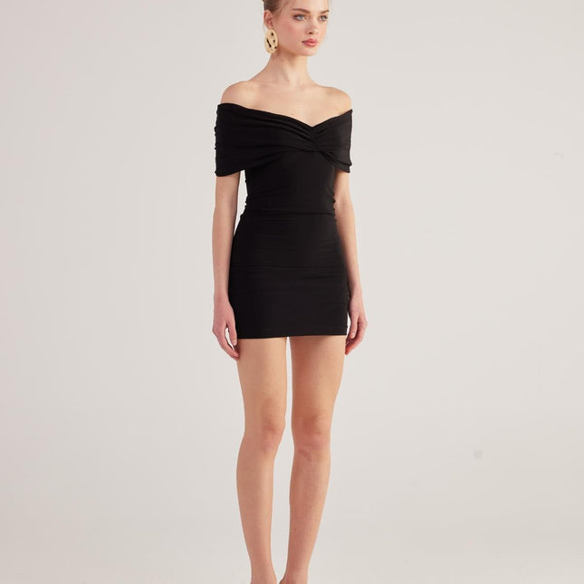 Muse Black Bardot Neck Mini Dress-3