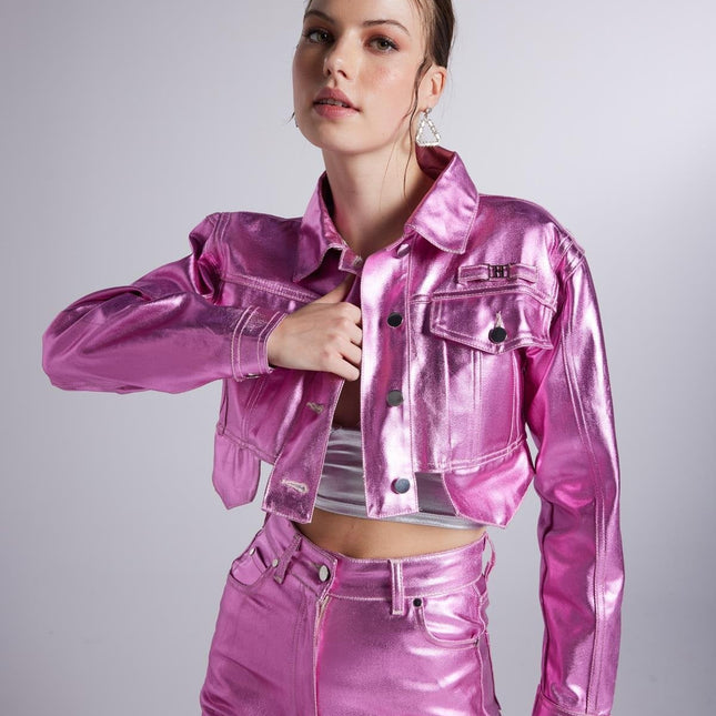 Metallic Pink Glossy Millen Cropped Jacket-2
