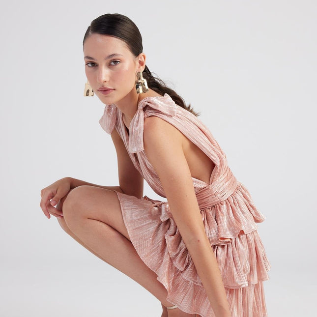 Glare Salmon Shiny Pleated Mini Ruffle Dress-4