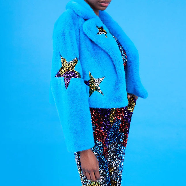 Blue Bamboo Faux Fur Sequins Star Jacket-1