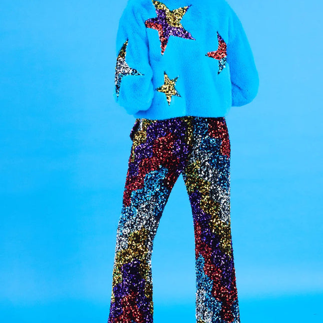 Blue Bamboo Faux Fur Sequins Star Jacket-3