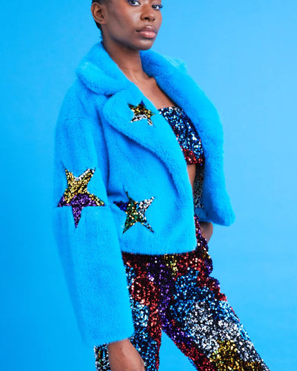 Blue Bamboo Faux Fur Sequins Star Jacket-0