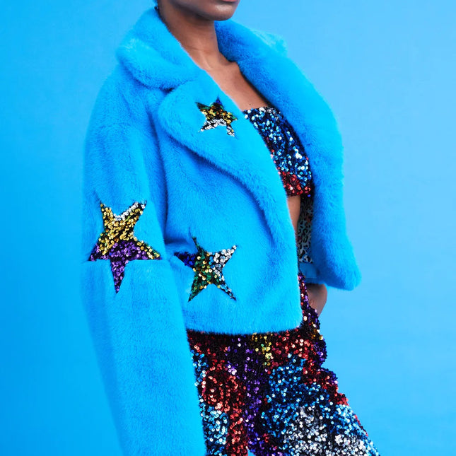Blue Bamboo Faux Fur Sequins Star Jacket-0