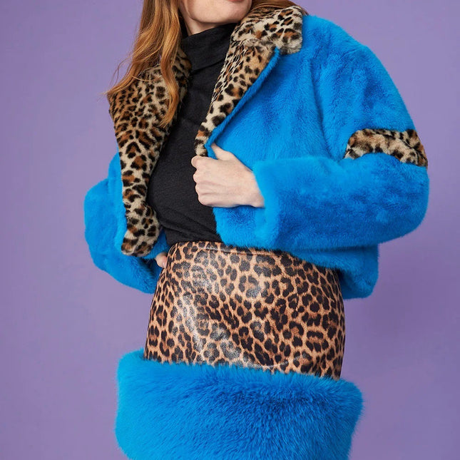 Blue Faux Fur Cropped Jacket With Leopard Print Collar-0