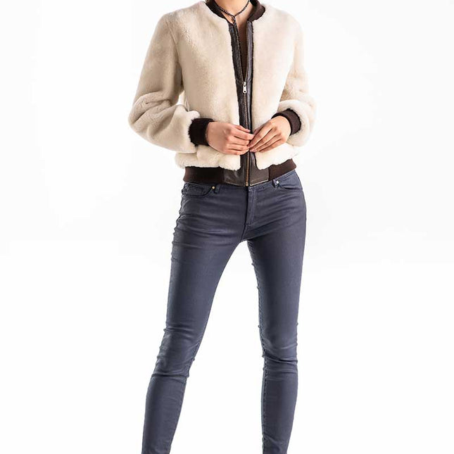 Beige Natural Sheepskin Mouton Fur Jacket-1