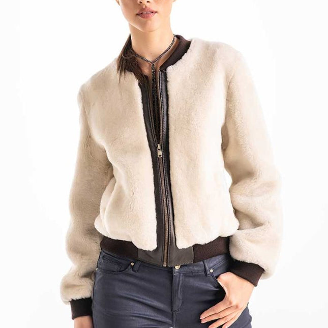 Beige Natural Sheepskin Mouton Fur Jacket-0