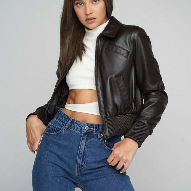 Brown Genuine Sheepskin Cropped Jacket-0