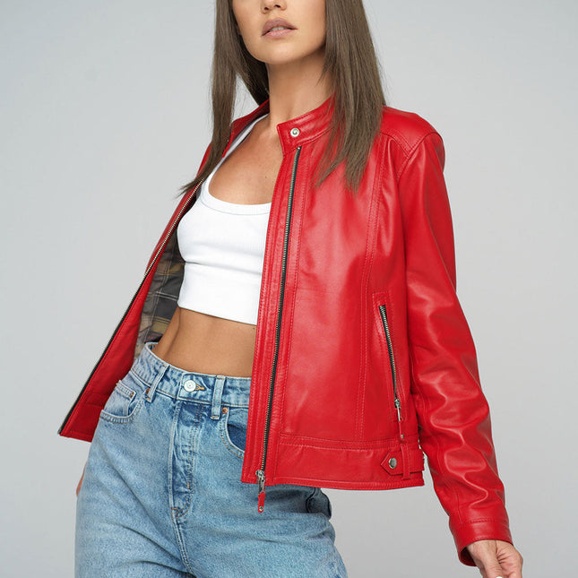 Red Genuine Cropped Leather Jacket-2